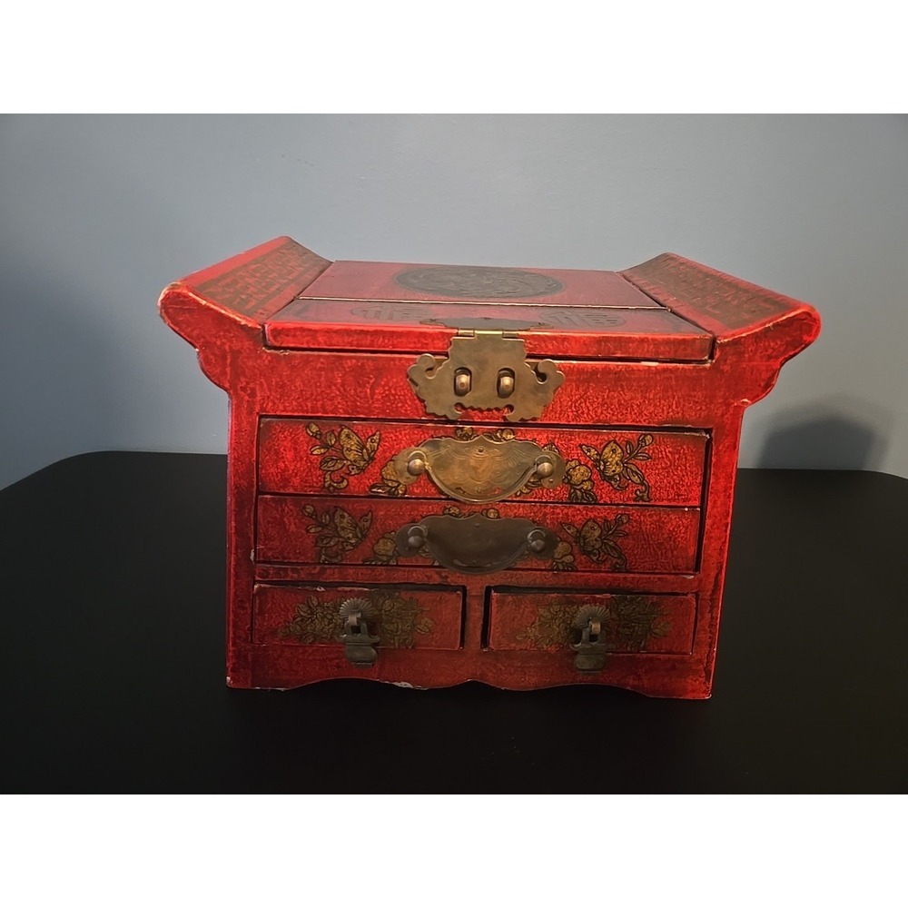Old Chinese Red lacquerware Wood Dragon Phoenix Flower Drawer Makeup Box